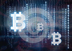 bitcoin graphic icons and binary code lines