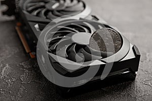 Bitcoin is on graphics video card, cryptocurrency trading technology concept