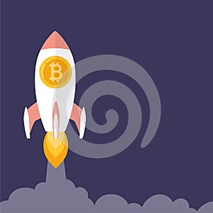 Bitcoin is growing, concept with a rocket. Blockchain technologies, bitcoins, altcoins, finance, digital money market