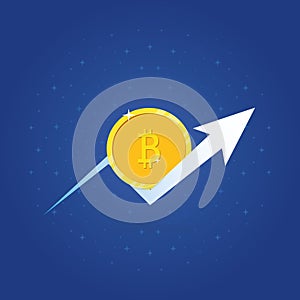 Bitcoin growth concept. Btc with arrow up symbol on space background. Vector illustration
