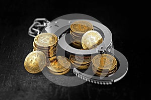 Bitcoin in handcuffs as banks wants to prohibit BTC concept. photo