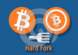Bitcoin hard fork split to Bitcoin Cash blockchain cryptocurrency. Flat illustration