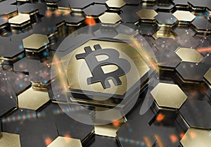 Bitcoin icon creativity concept engraved on metal hexagonal pedestral background. Crypto currency symbol glowing on abstract