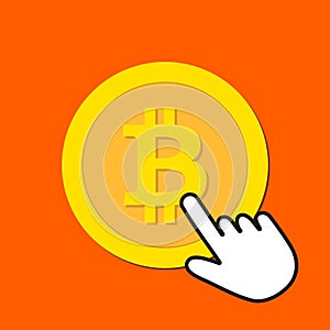 Bitcoin icon. Exchange, buying cryptocurrency concept. Hand Mouse Cursor Clicks the Button
