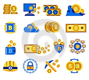 Bitcoin icons collection for cryptocurrency mining and exchange rate concept