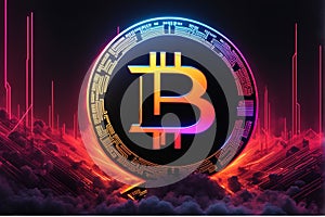 Bitcoin illuminated by amazing neon lights 3d illustration, Crypto Graph in Background