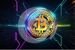 Bitcoin illuminated by amazing neon lights 3d illustration, Crypto Graph in Background photo