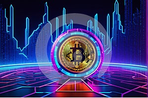 Bitcoin illuminated by amazing neon lights 3d illustration, Crypto Graph in Background photo