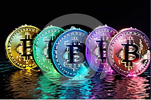 Bitcoin illuminated by amazing neon lights 3d illustration, Crypto Graph in Background photo