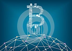 Bitcoin illustration background with connected internet as an example for crypto currencies and block chain technology