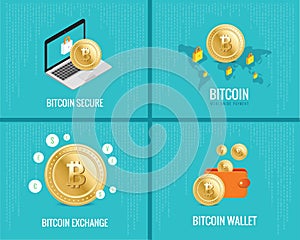 Bitcoin illustration set - coins, wallet, secure and exchange icons on the digital blue background.