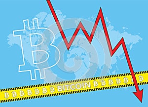 Bitcoin index rating go down on exchange market. Red arrow. The bitcoin rate is going down.