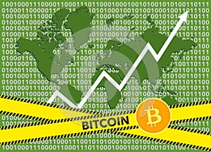 Bitcoin index rating go up on exchange market. White arrow. The bitcoin rate is growing on.