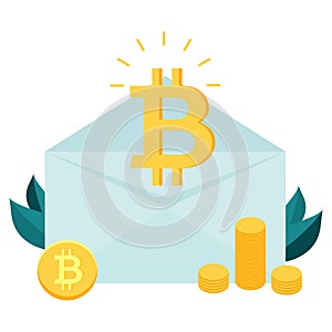 Bitcoin inside the envelope. Piles of golden bitcoins.