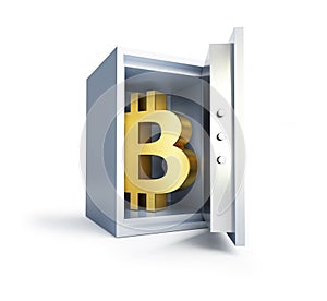 Bitcoin inside the safe on a white background 3D illustration, 3D rendering