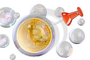 Bitcoin inside soap bubble with push pin. Financial bubble concept