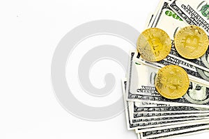 Bitcoin with international currency banknotes on white background top view space for text