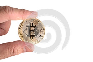 Bitcoin on isolated white background. Cryptography and Electronic money concept. Currency trading and Gold mining theme. Business