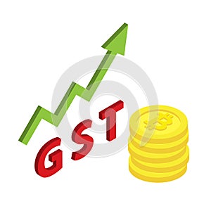 Bitcoin isometric symbol with increasing of goods and service tax GST