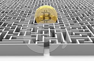 Bitcoin in the labyrinth. Conceptual design. 3D rendering