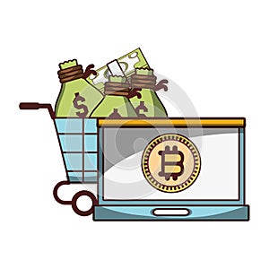 Bitcoin laptop shopping cart with money bags cryptocurrency digital