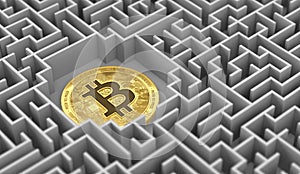 Bitcoin laying down in the maze. Cryptocurrencies as a solution for various financial issues concept. 3D rendering