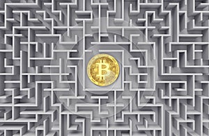 Bitcoin laying down in the middle of labyrinth or maze. Cryptocurrencies as a key or solution to financial problems. 3D rendering