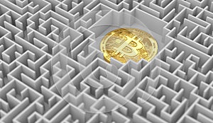 Bitcoin laying down somewhere in the labyrinth. Problems, issues around cryptocurrencies and attempts solving them. 3D rendering