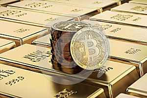 Bitcoin laying on stacked gold bars gold ingots rendered with shallow depth of field.