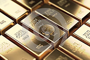 Bitcoin laying on stacked gold bars gold ingots rendered with shallow depth of field.