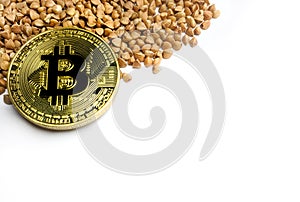 Bitcoin lies in buckwheat, deficit. Virtual Digital money with trading in the real world concept