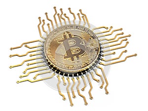 Bitcoin like a CPU computer processor isolated on white backgro