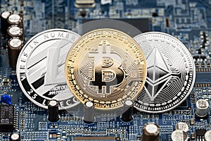 bitcoin litecoin ethereum crypto currency computer mining concept