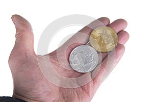 bitcoin and litecoin on the palm on white background