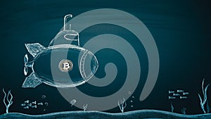 Bitcoin logo bathyscaphe launcher, cryptocurrency concept, recession symbol, falling Bitcoin price, discount price idea