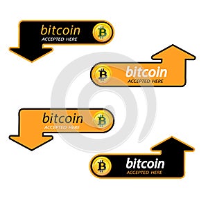 Bitcoin logo of crypto currency with an inscription accepted here on a black background. Block sticker for slabbarking