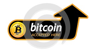 Bitcoin logo of crypto currency with an inscription accepted here on a black background. Block sticker for slabbarking