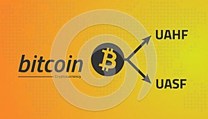 Bitcoin logo and fork arrows. UASF UAHF. Editable eps10 Vector.
