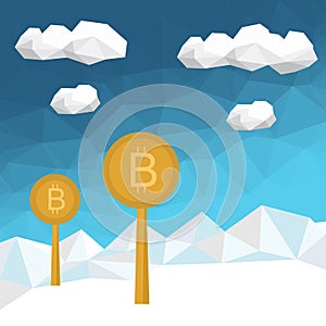 Bitcoin low poly background. Digital crypto currency.