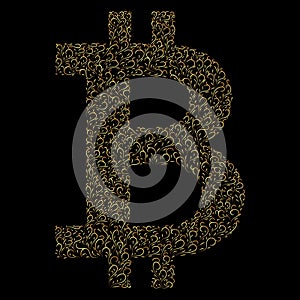 Bitcoin luxury golden calligraphic sign. Calligraphic vintage golden flowers, swirls, lines and curves on black background