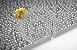 Bitcoin in the maze. Figuring out how to achieve an agreement about cryptocurrencies concept . 3D rendering