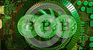 Bitcoin metal coin lying on green microscheme