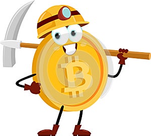 Bitcoin Miner Cartoon Character Holding Pickaxe