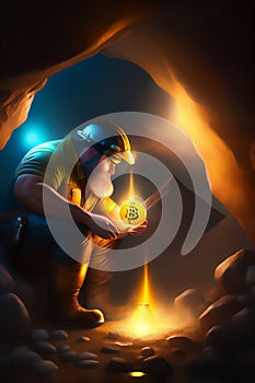 Bitcoin miner extracting bitcoin coins inside a mine (concept)(AI Generative