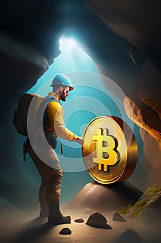 Bitcoin miner extracting bitcoin coins inside a mine (concept)(AI Generative