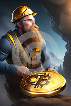 Bitcoin miner extracting bitcoin coins inside a mine (concept)(AI Generative