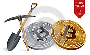 Bitcoin mining concept. 3D isometric Physical bit coin with pickaxe and shovel. Cryptocurrency. Golden and silver bitcoins.