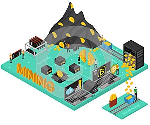 Bitcoin Mining Concept 3d Isometric View. Vector