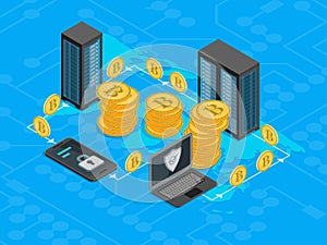 Bitcoin Mining Concept 3d Isometric View. Vector