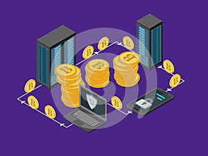 Bitcoin Mining Concept 3d Isometric View. Vector